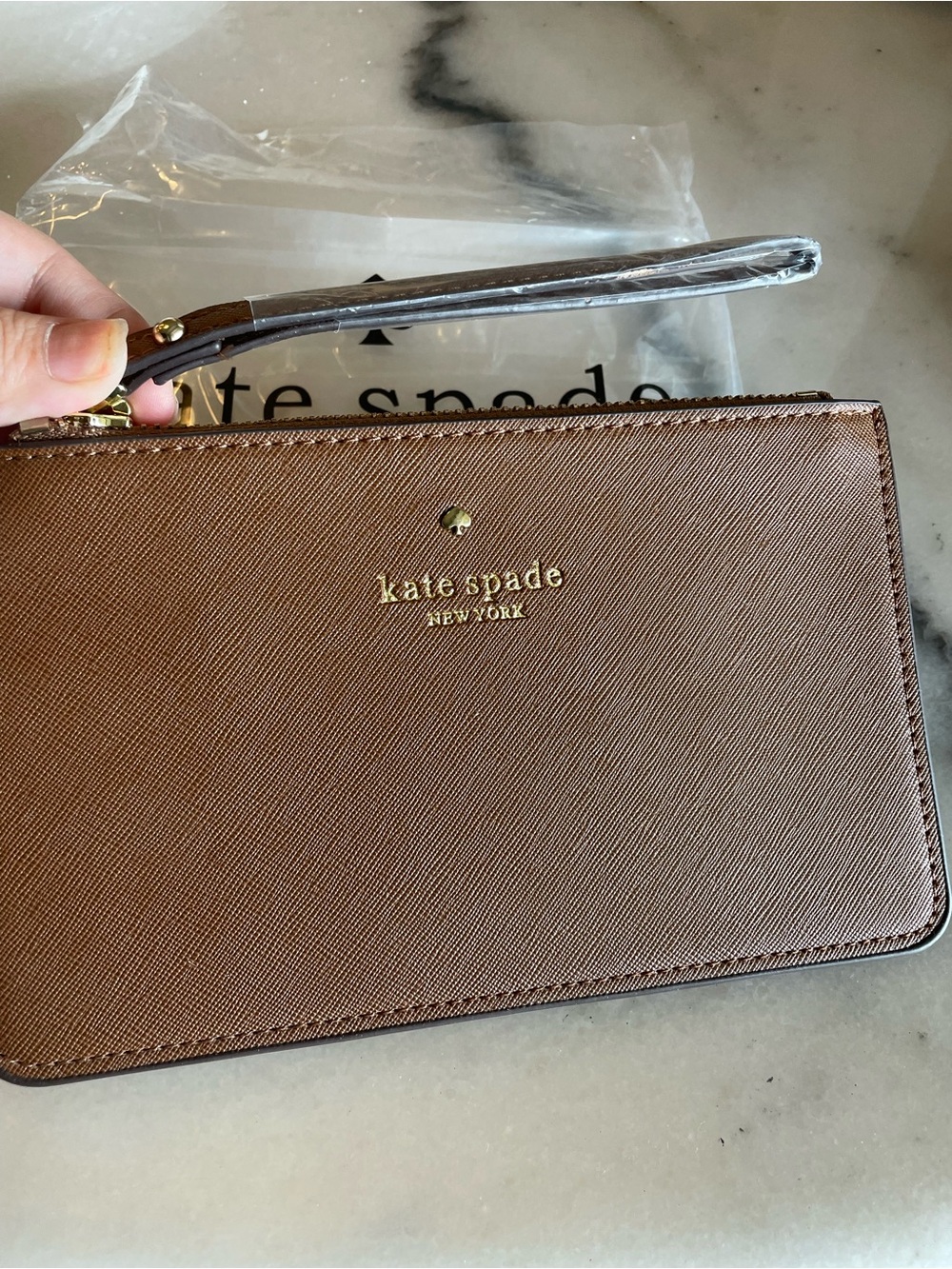 kate spade gold-accent brown saffiano leather pouch
